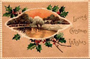 Merry Christman With Holly and Winter Scene 1911