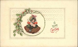 Christmas Sweet Little Girl Gifts Checked Skirt Holly Border c1910 Postcard