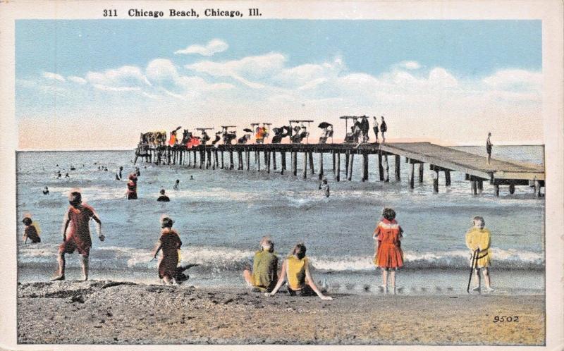 CHICAGO ILLINOIS~BEACH-ROLLING CHAIRS ON PIER-POSTCARD 1920s