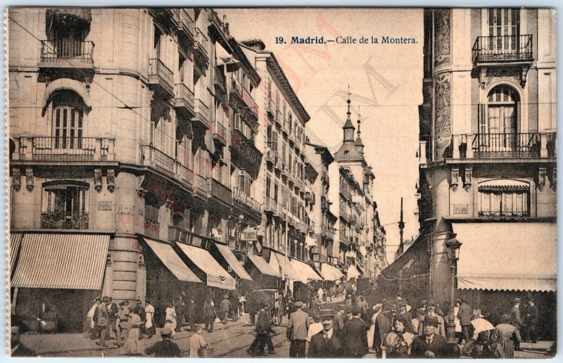 c1910s Madrid, Spain Downtown Montera Street Collotype Photo PC Crowd A184