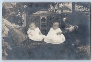 c1910's Twin Babies Sat On Sofa Eastlake RPPC Photo Posted Antique Postcard
