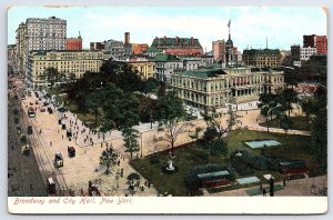 Vintage Postcard Broadway and City Hall Buildings Highway Road Field New York NY