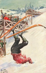 Artist Arthur Thiele Skiing Topsy- Turvy! Serie 71 ORIGINAL Postcard