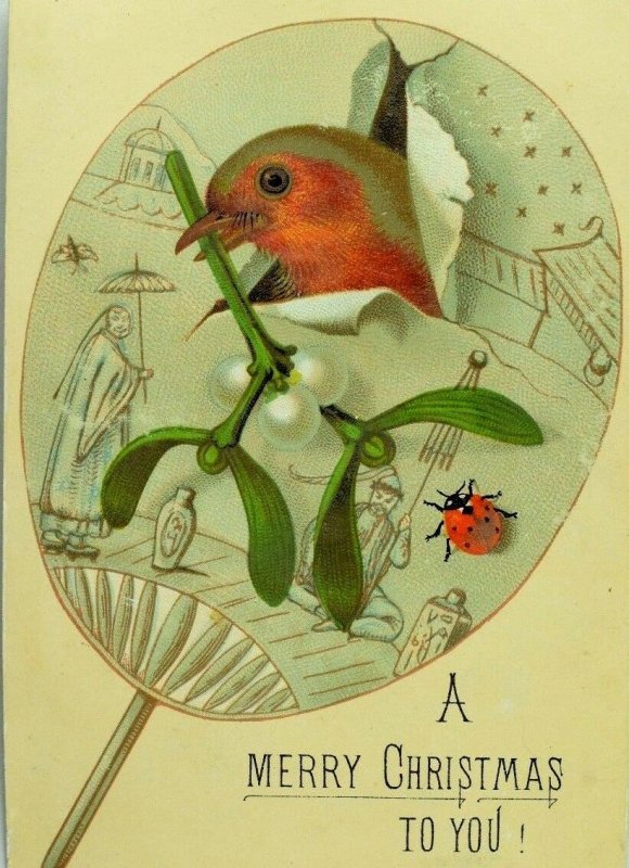 Lovely China Scene Bird Fans Ladybug Merry Christmas Victorian Card D2