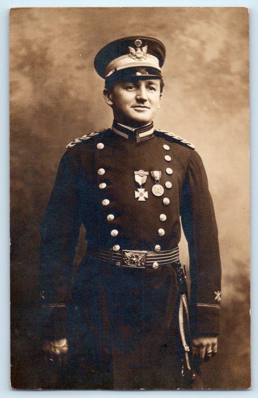 Army Artillery Soldier With Medals Real Photo Postcard RPPC