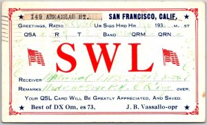 1936 QSL Radio Card San Francisco California SWL J.B. Vassallo Posted Postcard