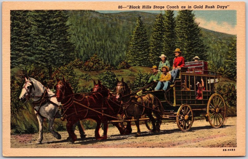 Black Hills Stage Coach as in Gold Rush Days, Horse Carriage Scene, Postcard