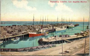 Vtg 1910s Unloading Lumber Los Angeles Harbor Docks Ships California CA Postcard