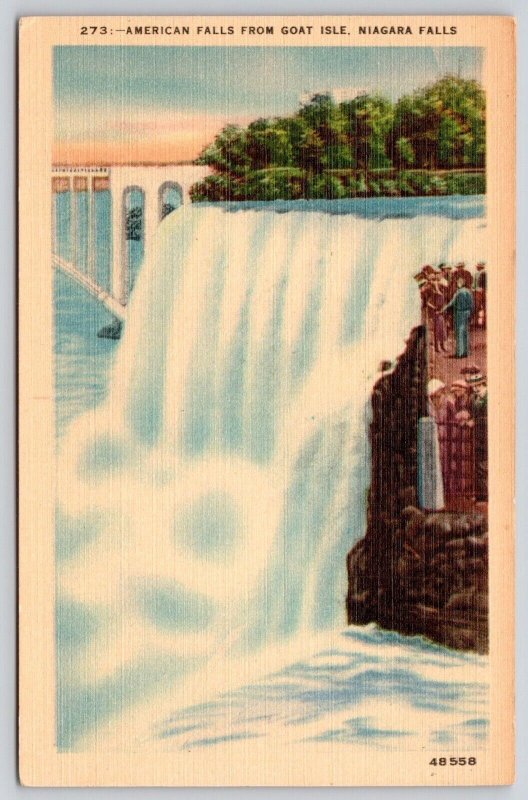 Niagara Falls New York Goat Island American Falls Scenic Landmark Linen Postcard United States 4133