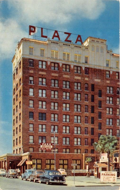 Laredo Texas~The Plaza Hotel~Parked Rates on Sign~50s Cars Parked~Postcard