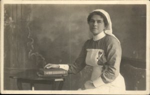 Woman Portrait RED CROSS Lapel Pin Starr Rignall Photog RPPC Vintage Postcard