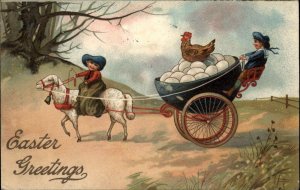 Easter Children Ride Sheep Pulling Cart Eggs Embossed PFB c1900s-10s Postcard