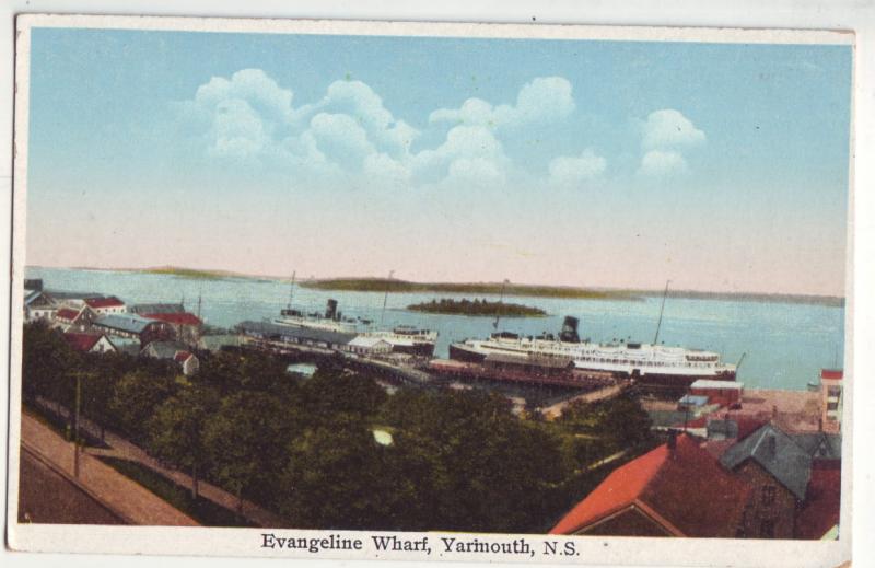 P1029 old card evangeline wharf and harbor ships ,Yarmouth,_Nova_Scotia