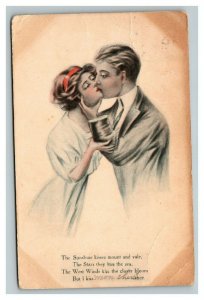 Vintage 1913 Colored Postcard Couple Kissing Romantic Poem