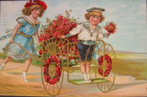 BIRTHDAY Children w Flower Filled Cart c1910 Postcard