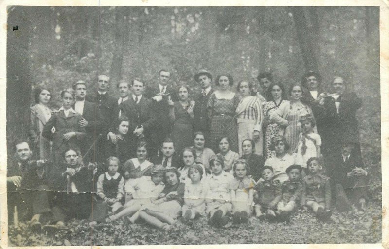 Postcard elegant gentlemen and women forest outing group photo