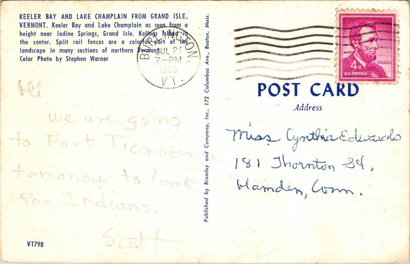 Keeler Bay Lake Champlain Grand Isle Vermont VT VTG Postcard PM Burlington 4c 