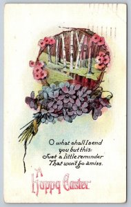 A Happy Easter, Wooded Scenery, Bouquet, Antique 1923 Embossed Greeting Postcard