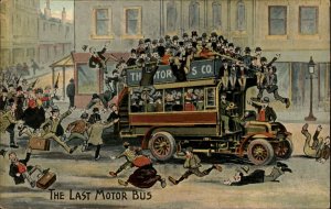 Bus Comic People Hang Pile on Last Motor Bus c1910s Postcard