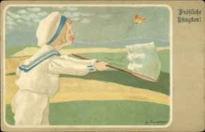 Gaspari - Little Boy Catching Butterfly w/ Net c1905 Postcard