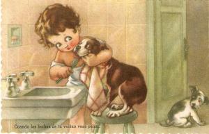 \Child cleaning teeths to Dog\ Very nice Spanish Postcard