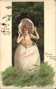 1907 MAILICK Antique Easter PC Fantasy Young Woman Hatches from Egg