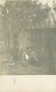 C-1910 Pioneer Life Cabin  hunting dog RPPC Photo Postcard 22-5680