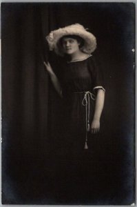 1910s RPPC Studio Photo Postcard Young Woman in Dark Dress & Large Furry Hat