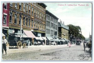 c1910 Congress St. Looking East Exterior Road Building Portland Maine Postcard