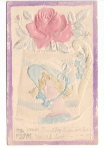 Lady Head, Blue Bonnet, Rose Vase, Watercolor, Old Bas Relief Greetings Postcard