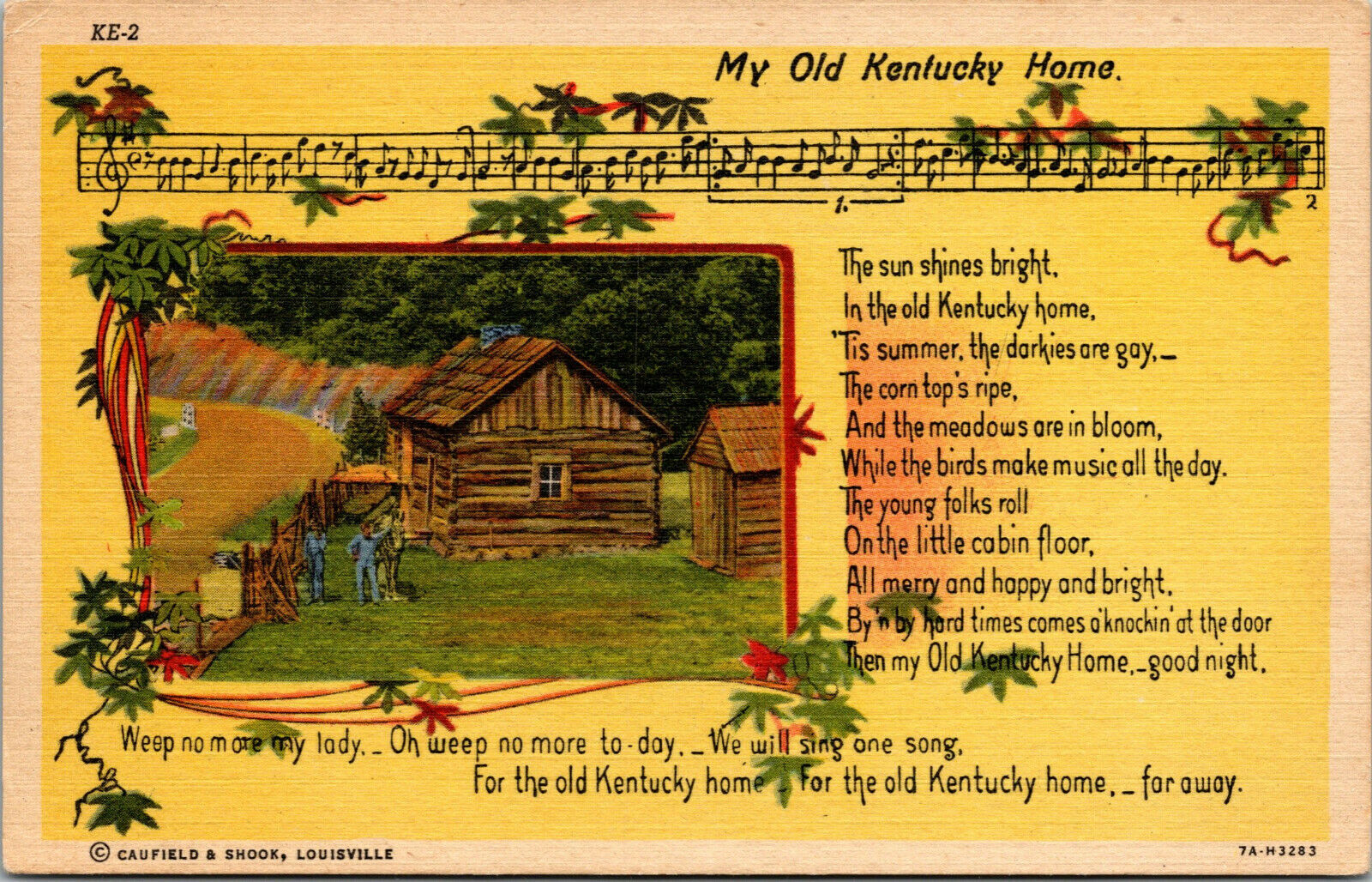Vtg 1930s My Old Kentucky Home Song Lyrics Cabin Linen Postcard United States Kentucky