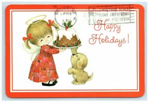 1979 Hallmark Vintage Postcard Happy Holidays Puppy dog Cute Girl Halo Angel