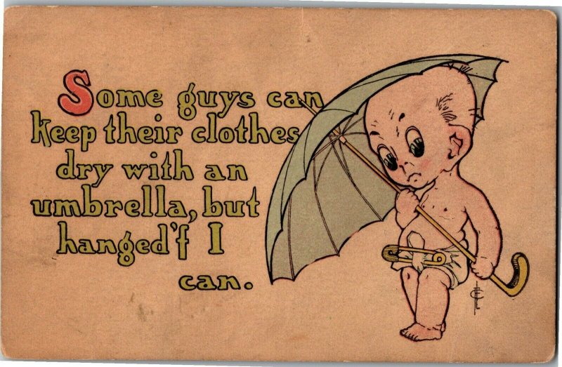 Baby with Umbrella, Diaper Safety Pin Frederic Cavally Vintage Postcard A29