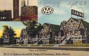 Phelps Oil Company Cabins US Route 66 Rolla Missouri WOF linen postcard