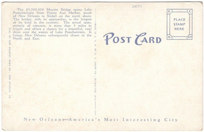 Maestri Bridge, New Orleans, Louisiana, Vintage Pre-Linen Postcard
