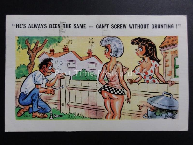 Bob: Comic PC Two Women at Garden Fence HE CANT SCREW WITHOUT GRUNTING 1970's