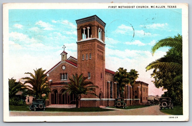 McAllen Texas~First Methodist Church~1920s Cars Parked on Lawn~1929 Postcard