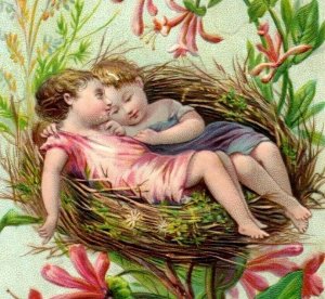 1880s-90s Embossed Victorian Easter Card Children In Giant Bird's Nest P214