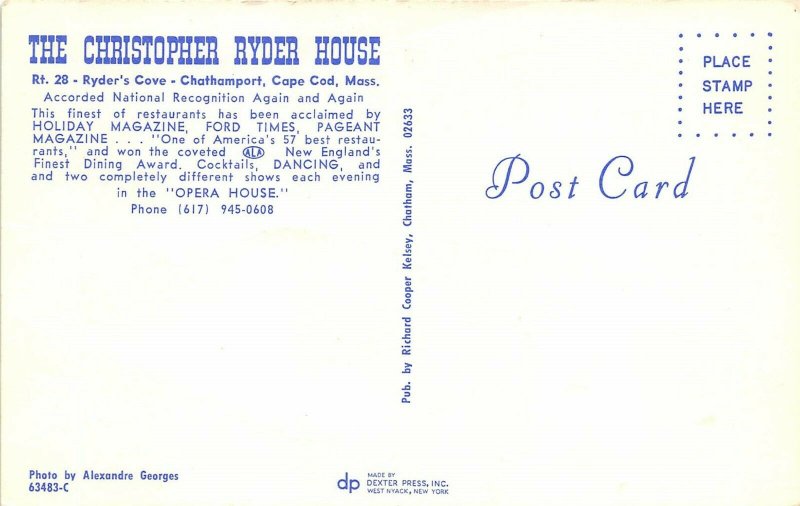 Chathamport Cape Cod Massachusetts 1960s Postcard Christopher Ryder House