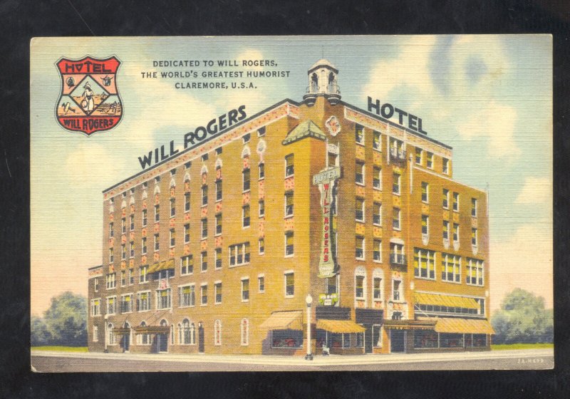 CLAREMORE OKLAHOMA WILL ROGERS HOTEL ROUTE 66 VINTAGE LINEN ADVERTISING POSTCARD