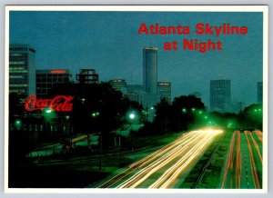 Skyline At Night, Atlanta, Georgia GA, Chrome Postcard, Coca-Cola Neon Sign