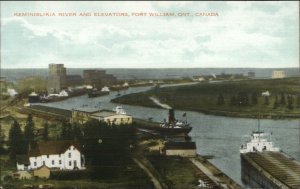 Fort William Ontario Keminislikia River & Elevators c1920 Postcard