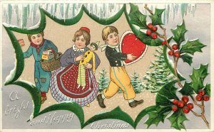 Embossed Christmas Postcard Happy Children & Toys in Silver Holly Leaf Vignette