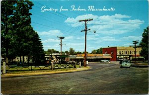 Postcard MA Foxboro Business District & Common Drug Store Classic Cars 1971 S20