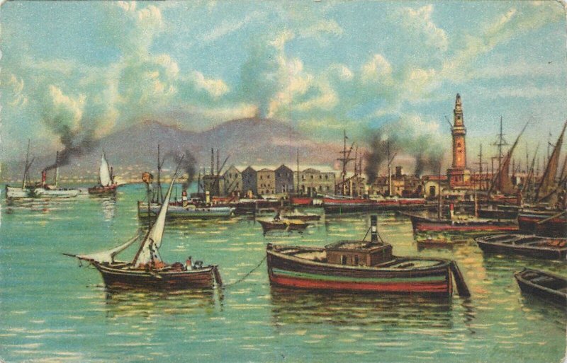 Italy sail & navigation themed postcard Naples harbour tugboat sailing vessel