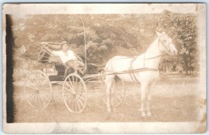 c1900s Cool Man White Horse Drawn Carriage RPPC Whip Real Photo Neckerchief A135