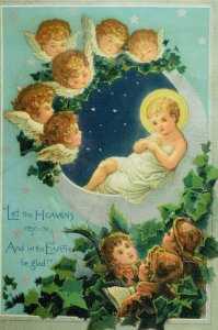 1893 Graphical Religious Christmas Card Baby Halo Crescent Moon Cherubs &K