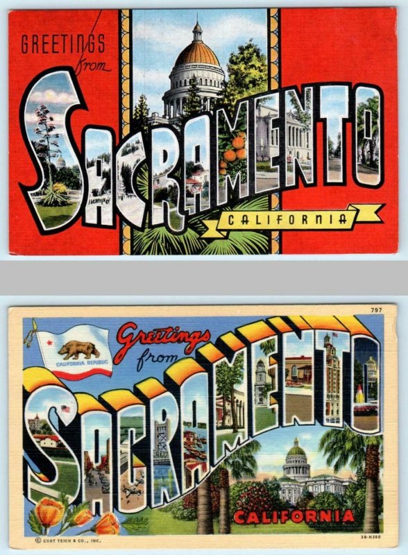 2 Large Letter Linens SACRAMENTO, CALIFORNIA  c1940s Curteich, Plitz Postcards