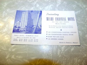 1948 Presenting Miami Colonial Hotel On The Bay Front Miami w/Rates Postcard