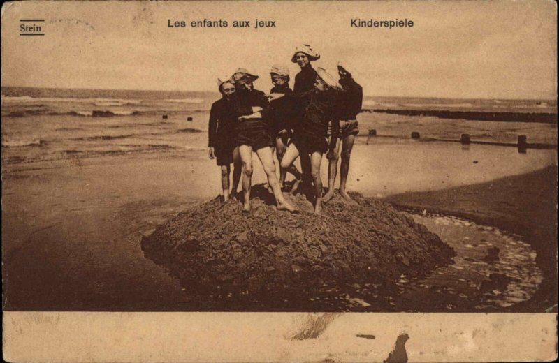 Children Silly on Beach - Knocke Belgium Cancel Used Postcard